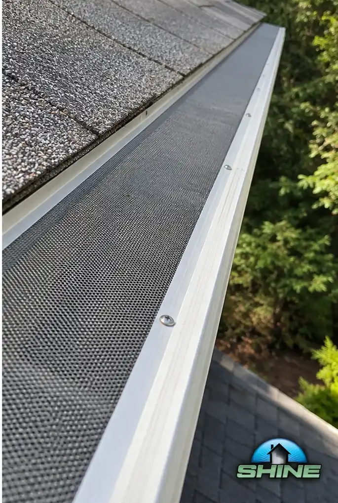 The same gutter run fitted with a fine mesh guard screwed along the gutter lip, the trough beneath it clear.