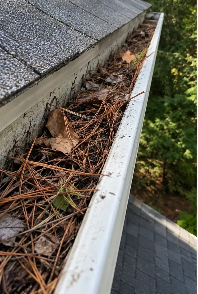 An open gutter packed with pine needles, dead leaves and grit, sitting against the edge of a grey shingle roof.