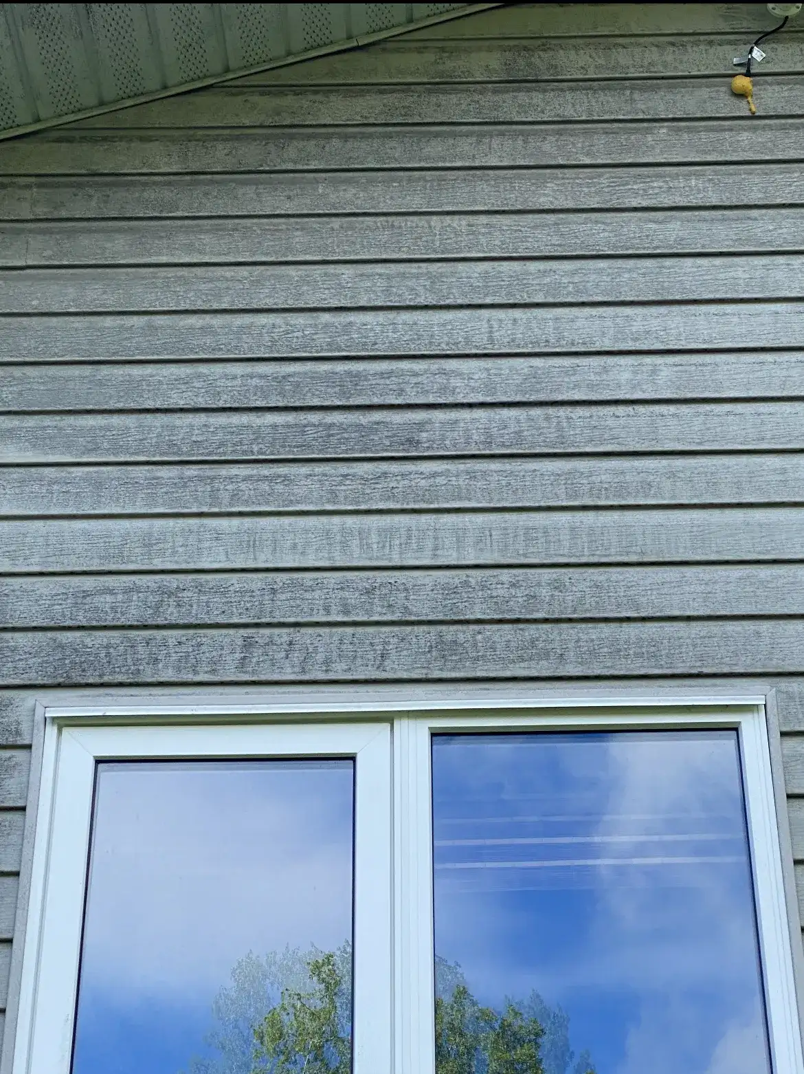 Pale vinyl siding below a soffit, grey and streaked with algae and dirt in horizontal bands above a white-framed window.