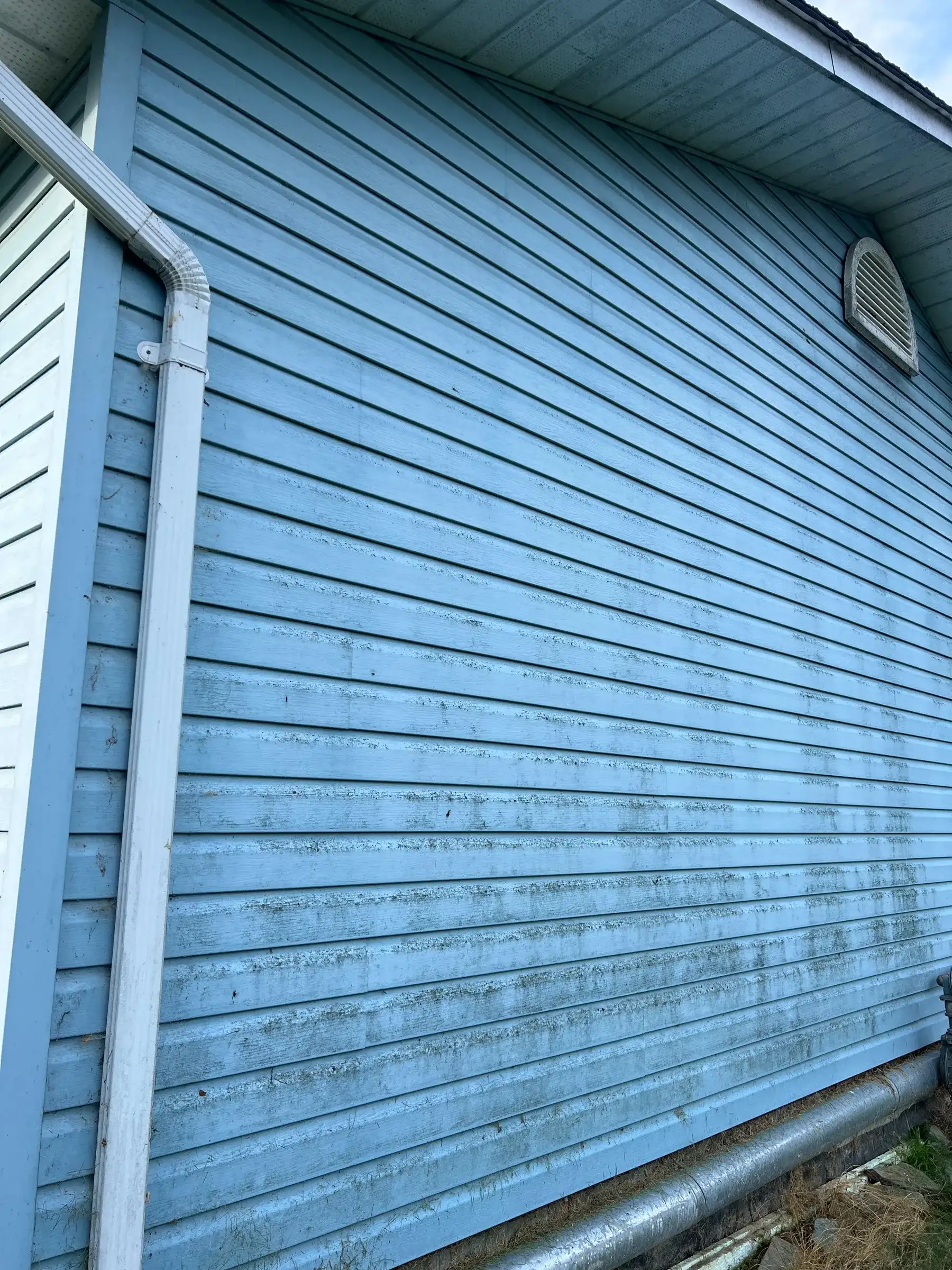A long run of pale blue vinyl siding streaked with dark algae growth in horizontal bands, with a white downspout and a gable vent near the roofline.