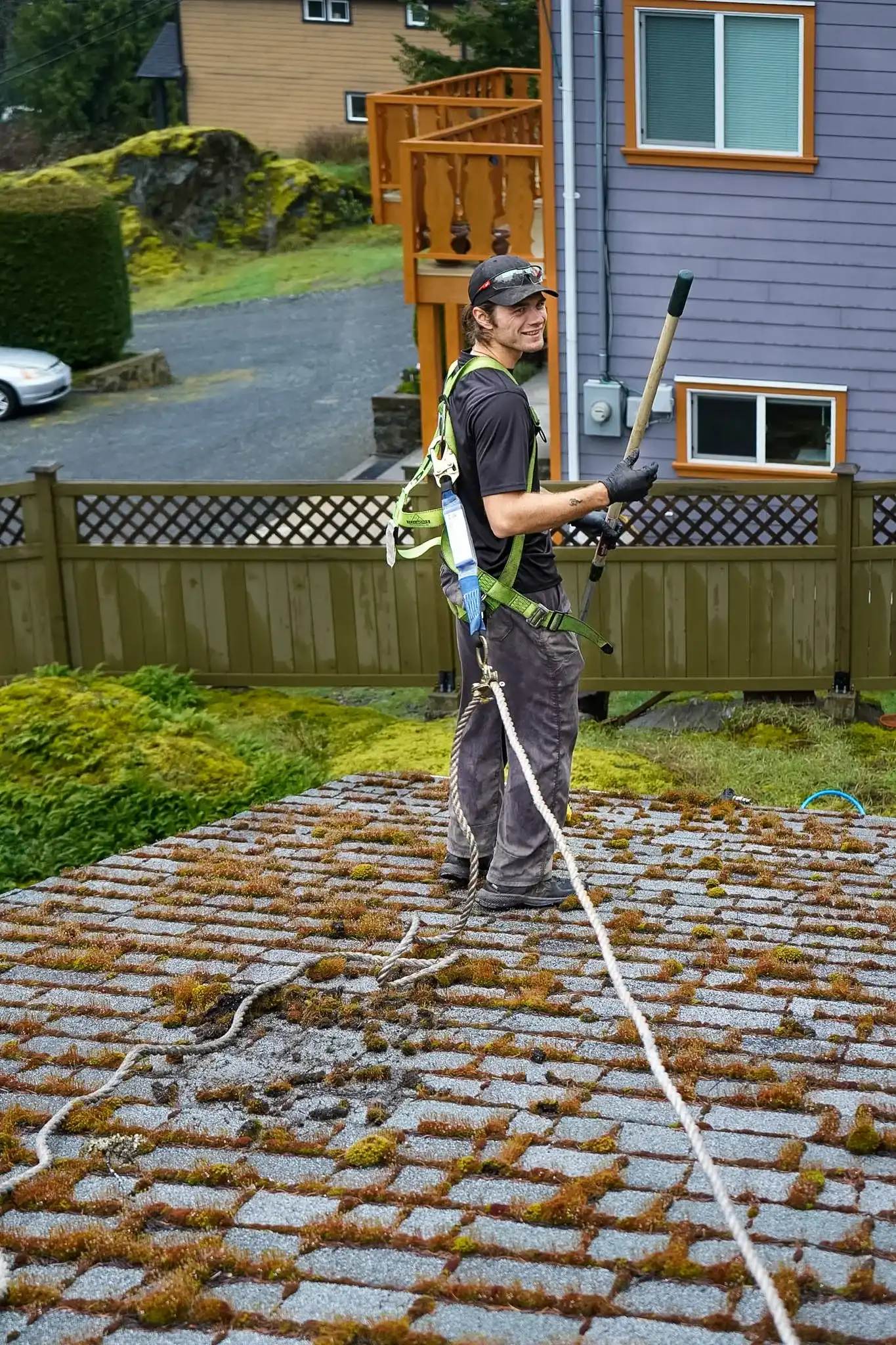 A Shine technician standing in a harness and rope line on a roof thickly covered in moss, holding a long-handled brush and looking back over his shoulder.